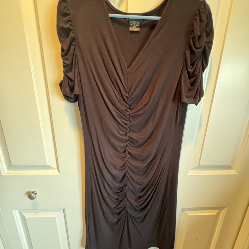 DKNY Black Ruched V-Neck Midi Dress